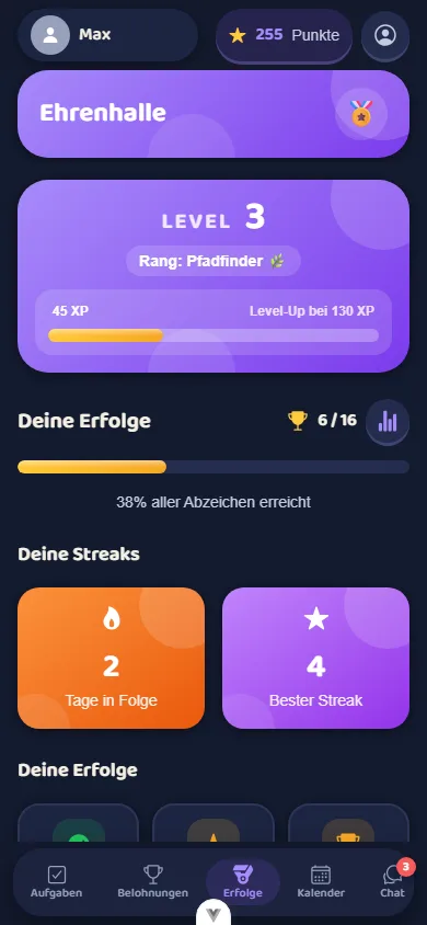 Die Ehrenhalle im dunklen Nachtlager-Design: Level-Karte mit Rang, XP-Balken und Streak-Karten.