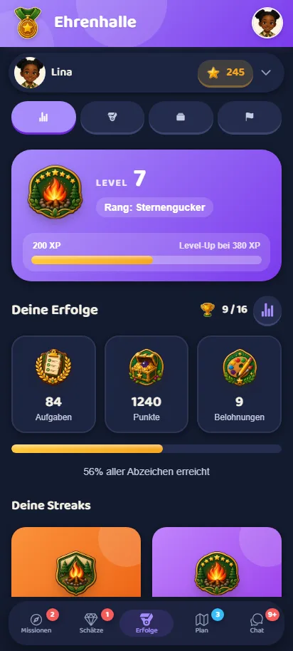 Die Ehrenhalle im dunklen Nachtlager-Design: Level-Karte mit Rang, XP-Balken und Streak-Karten.