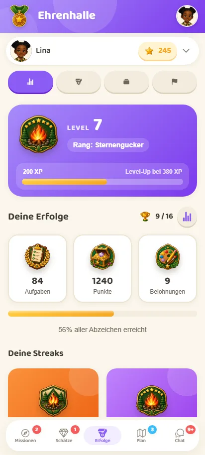 Die Ehrenhalle: Level-Karte mit Rang Fährtensucher, XP-Balken und Erfolge-Zähler.