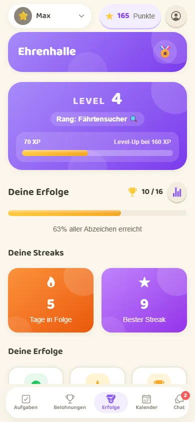Die Ehrenhalle: Level-Karte mit Rang Fährtensucher, XP-Balken und Erfolge-Zähler.
