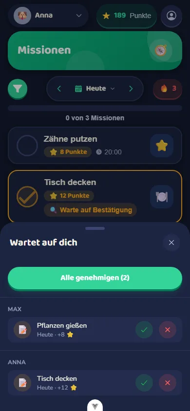Die Genehmigungs-Inbox im dunklen Nachtlager-Design: Wartet auf dich mit Alle-genehmigen-Button.