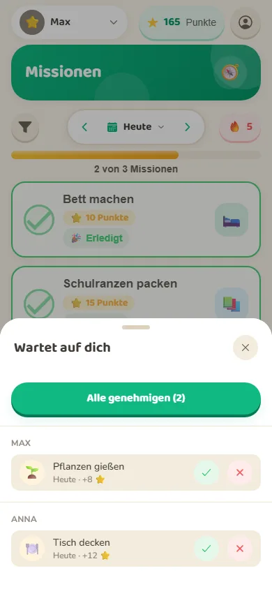 Die Genehmigungs-Inbox der Eltern: Wartet auf dich mit Alle-genehmigen-Button.