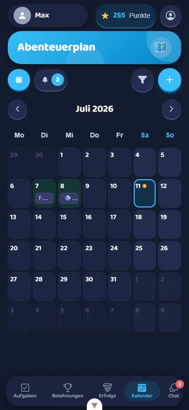 Der Abenteuerplan im dunklen Nachtlager-Design: Monatskalender mit leuchtenden Termin-Tagen.