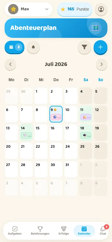 Der Abenteuerplan: Monatskalender mit bunten Termin-Punkten.