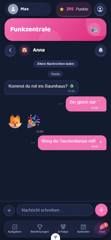 Die Funkzentrale im dunklen Nachtlager-Design: Geschwister-Chat mit XL-Emojis und Zustell-Haken.