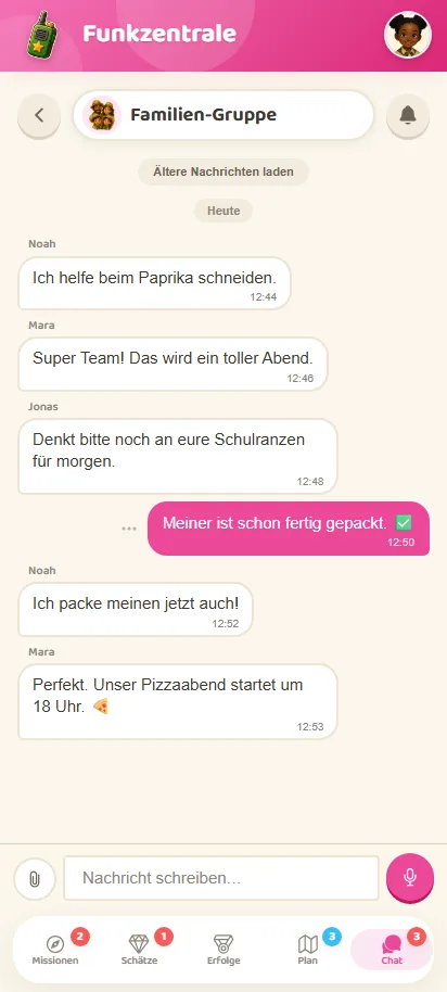 Die Funkzentrale: Chat mit extragroßen Emojis, Sprachnachricht und Zustell-Haken.