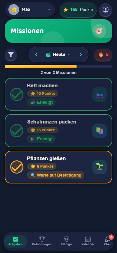 Die Missionen-Seite der App im Nachtlager-Design: bunte Aufgaben-Karten mit Sternen, Streak-Flamme und Fortschrittsbalken.