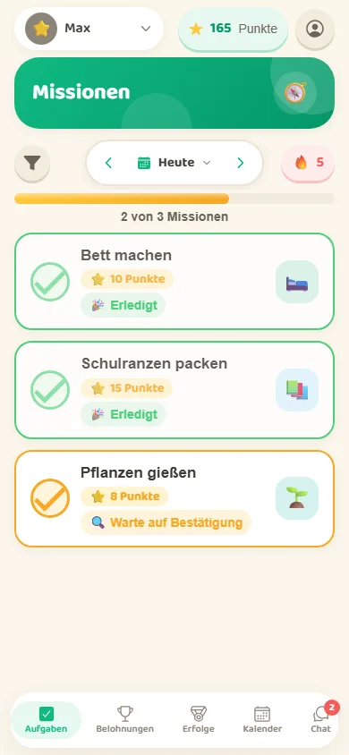 Die Missionen-Seite der App: bunte Aufgaben-Karten mit Sternen, Streak-Flamme und Fortschrittsbalken.