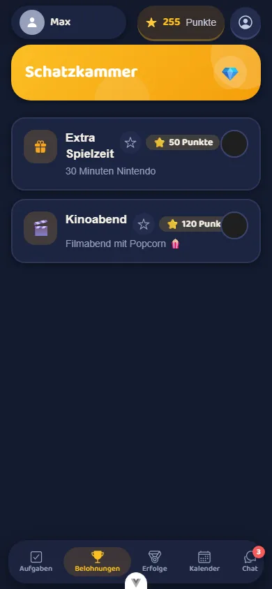 Die Schatzkammer der App im dunklen Nachtlager-Design: Belohnungs-Karten mit Gold-Punkten und Sparziel-Stern.