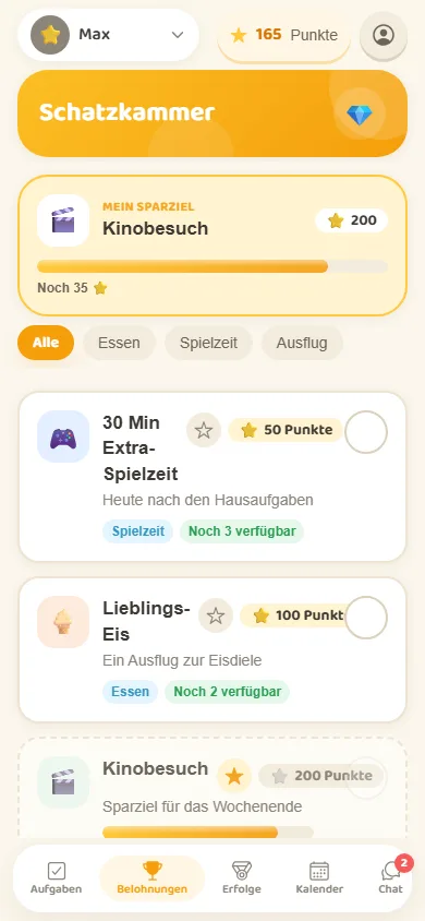 Die Schatzkammer der App: Sparziel-Karte mit Gold-Fortschrittsbalken und Belohnungs-Karten.