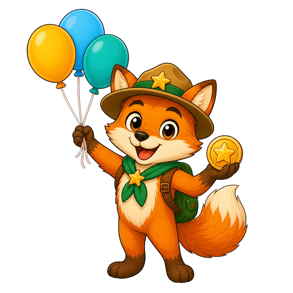 Finn der Fuchs-Ranger schwebt mit drei bunten Luftballons und einer Sternmünze.