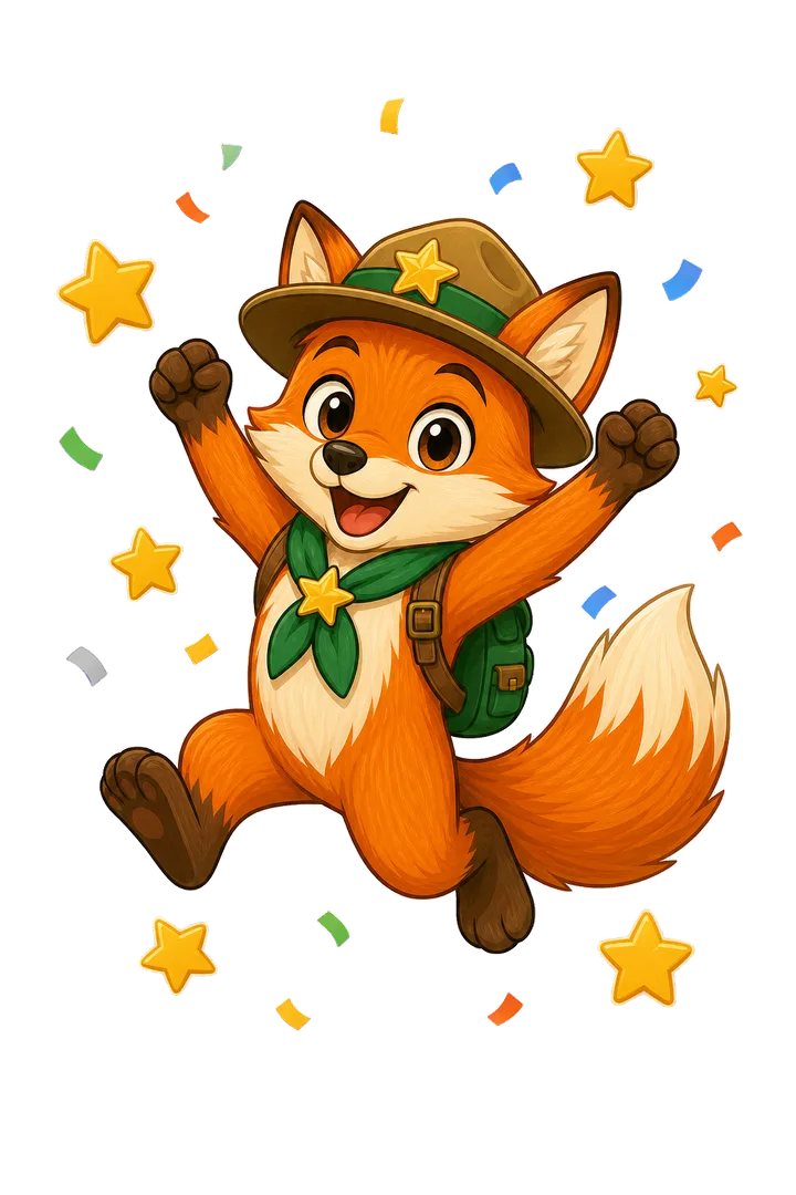 Finn der Fuchs-Ranger springt jubelnd durch Konfetti und Sterne.