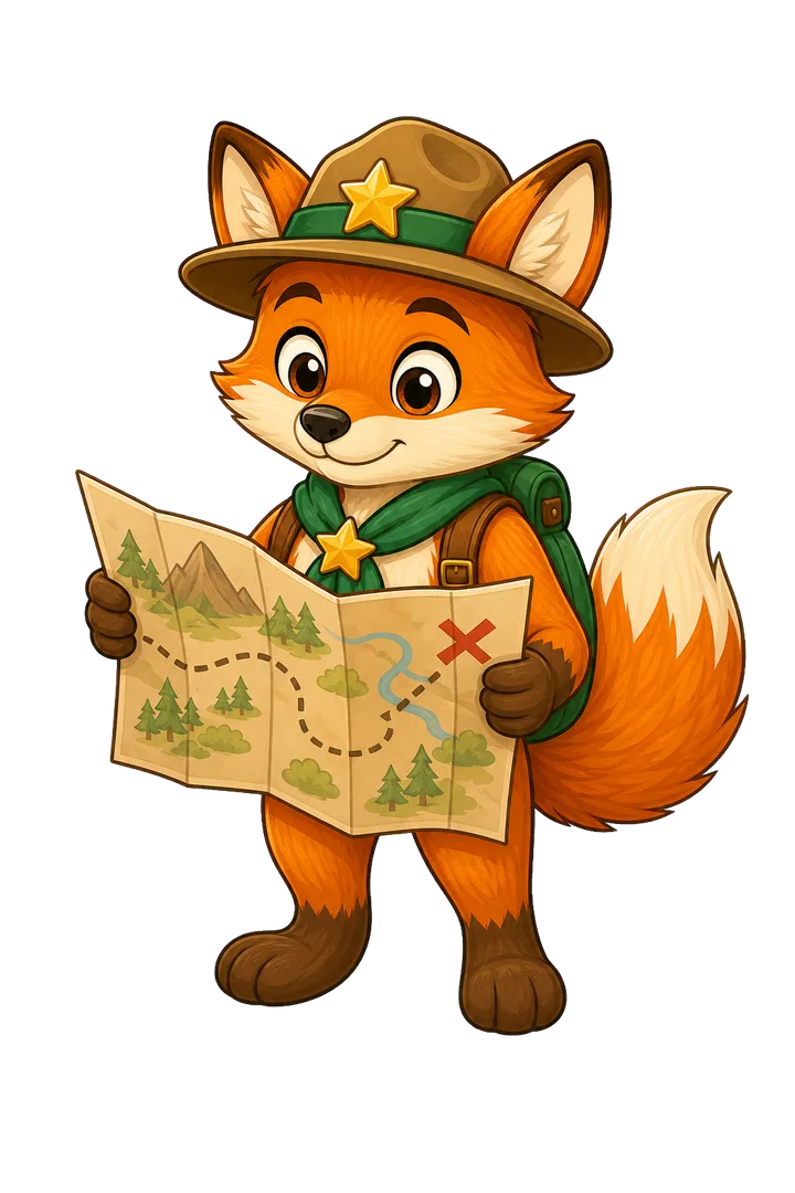 Finn der Fuchs-Ranger studiert eine Abenteuerkarte mit rotem X.