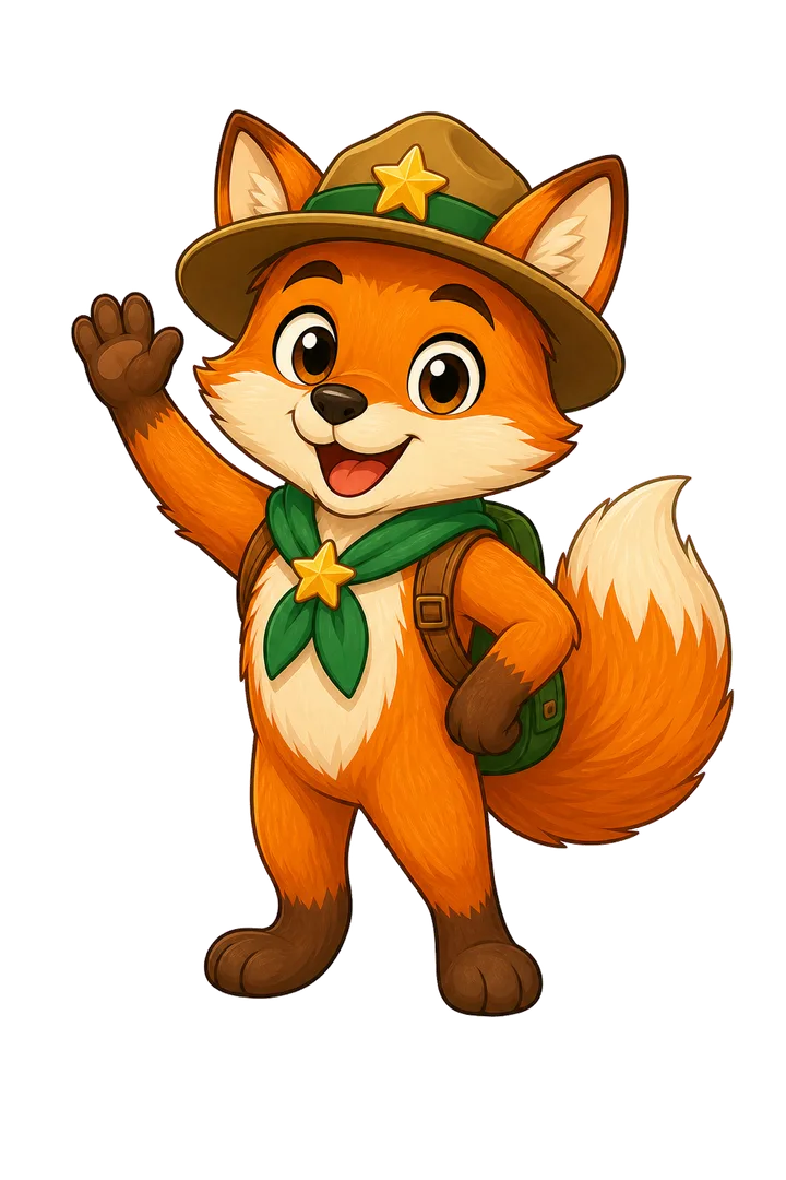 Finn the fox ranger waves cheerfully.
