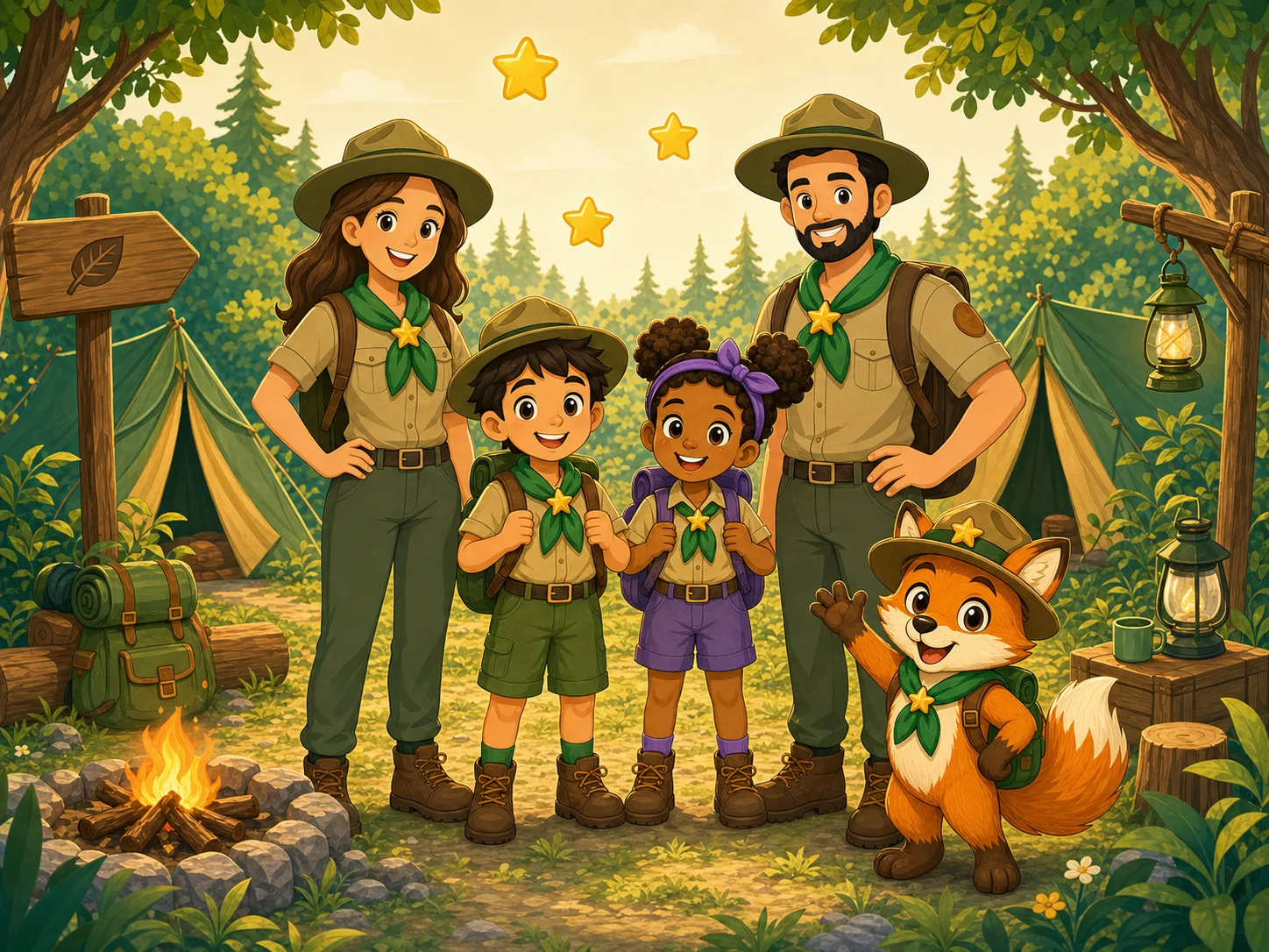 Eine fröhliche Ranger-Familie mit zwei Kindern und Fuchs-Maskottchen Finn am sonnigen Waldcamp — Zelte, Lagerfeuer und goldene Sterne am Himmel.