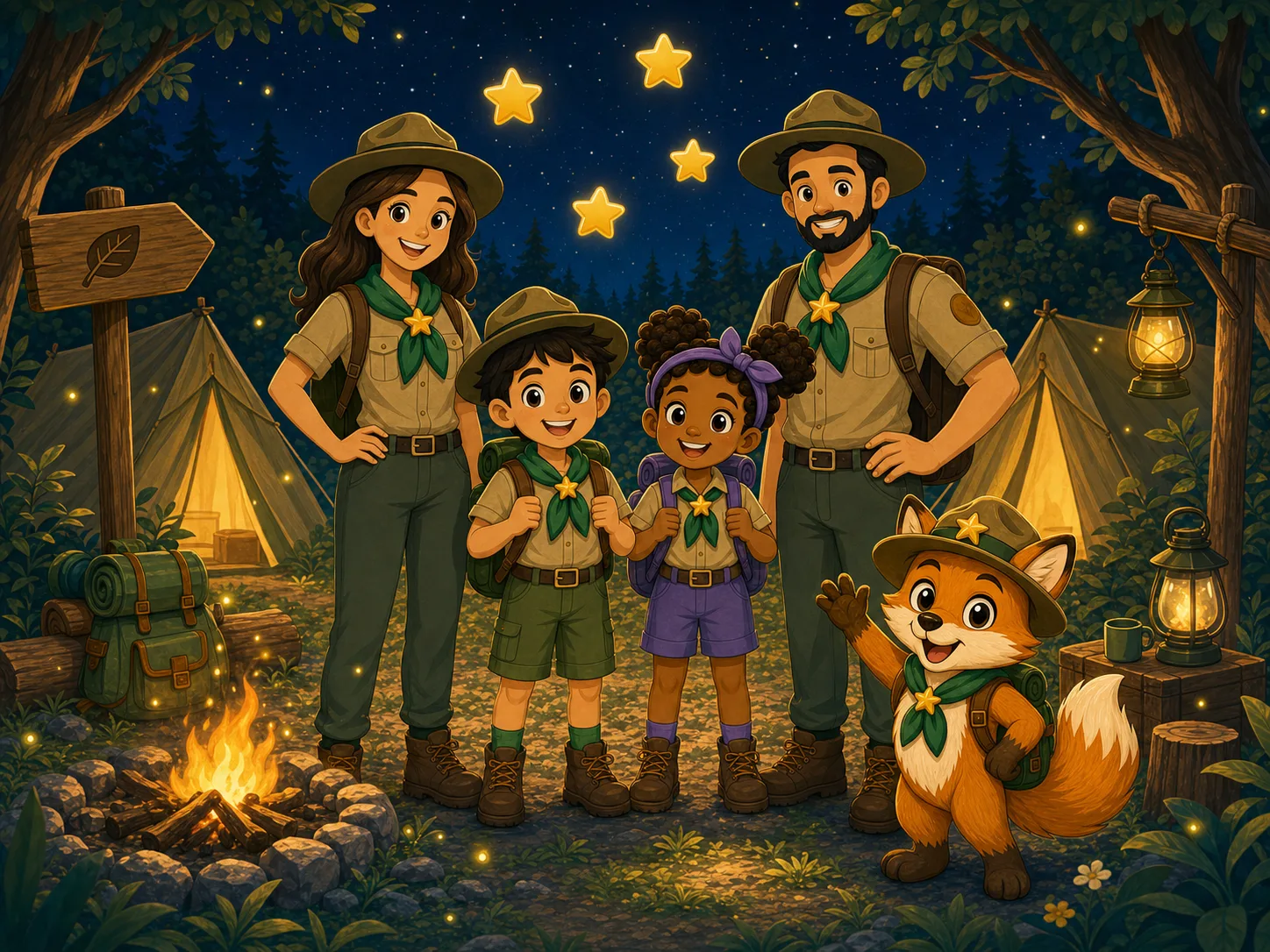 Dieselbe Ranger-Familie mit Finn am Waldcamp bei Nacht — Sternenhimmel, leuchtendes Lagerfeuer und Glühwürmchen.