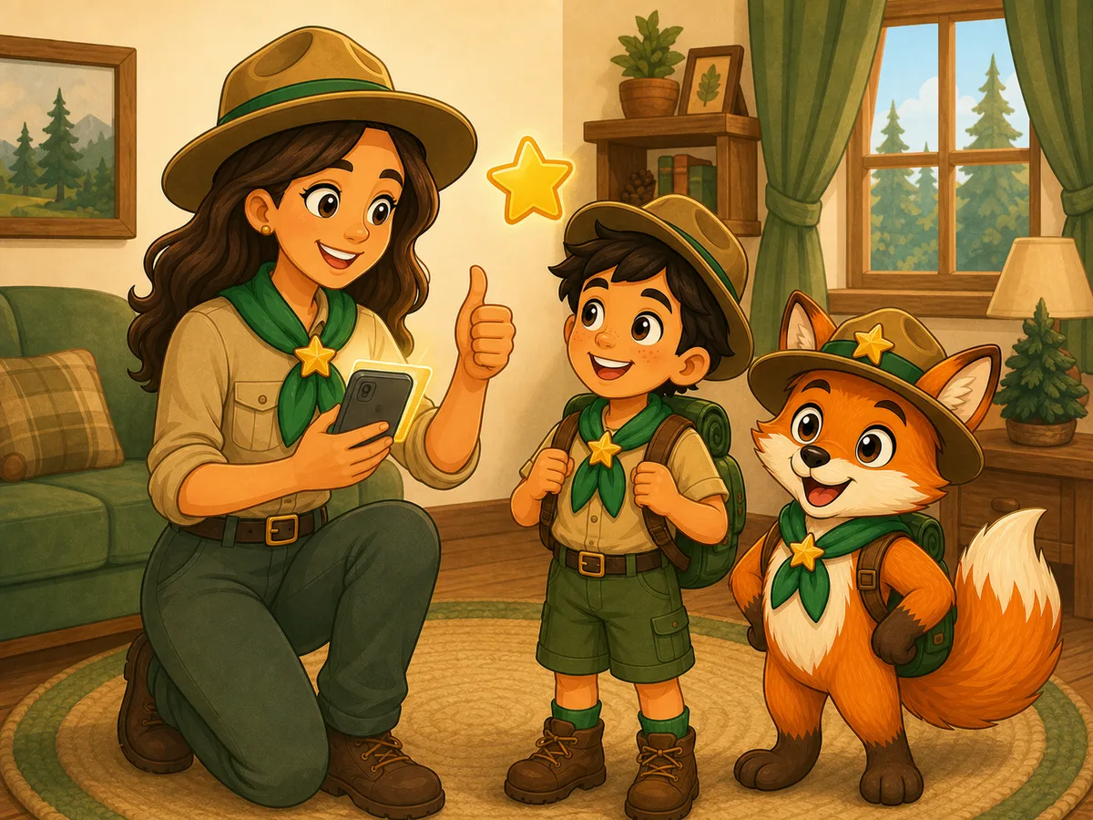 Ein Eltern-Ranger gibt am Handy lächelnd den Daumen hoch, das Kind schaut gespannt zu — dazwischen schwebt ein goldener Stern.