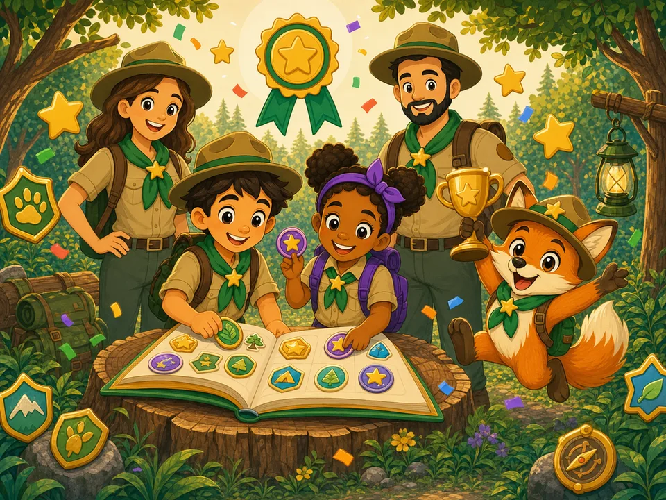 Die Ranger-Familie sammelt Abzeichen in einem Sticker-Album, Finn jubelt mit Pokal.