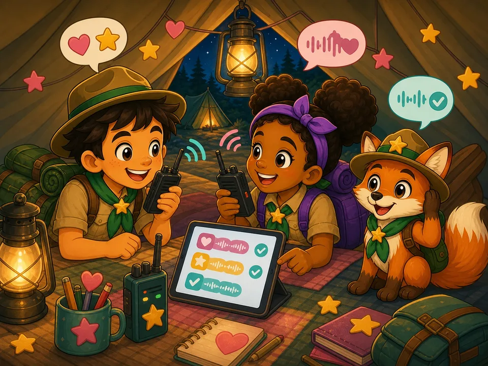 Zwei Junior-Ranger funken in einem Zelt, Finn lauscht daneben.