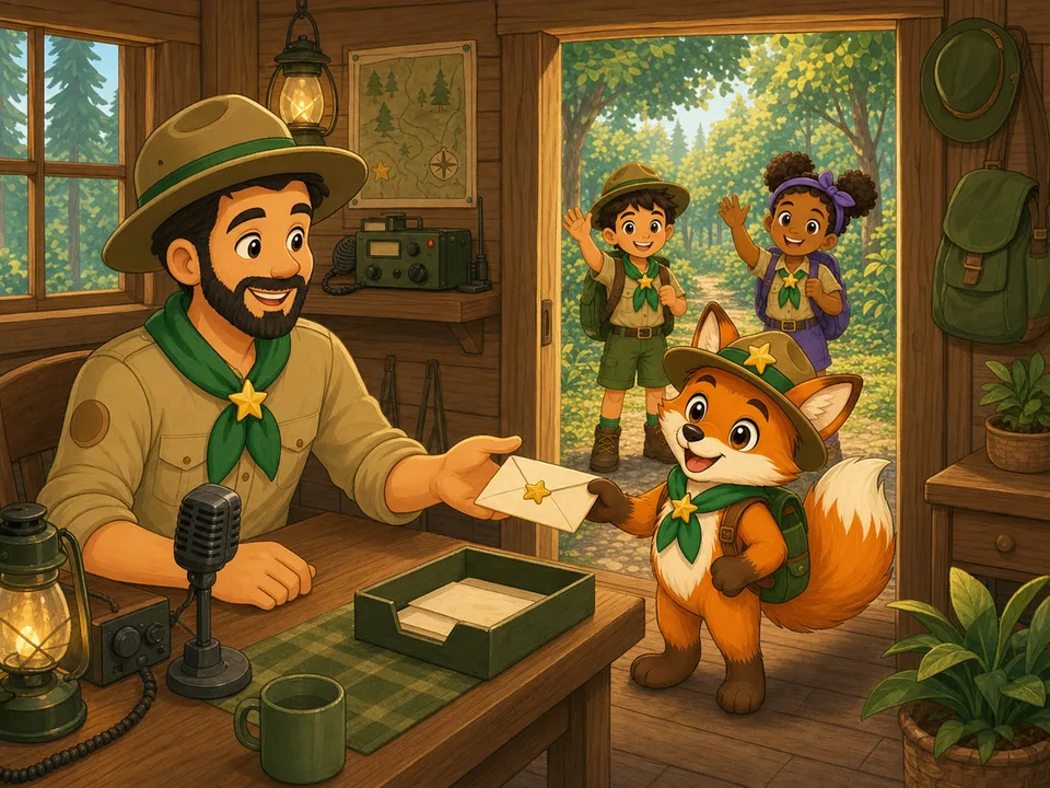 Finn delivers a message to the personal ranger post station while two Junior Rangers wave hello.