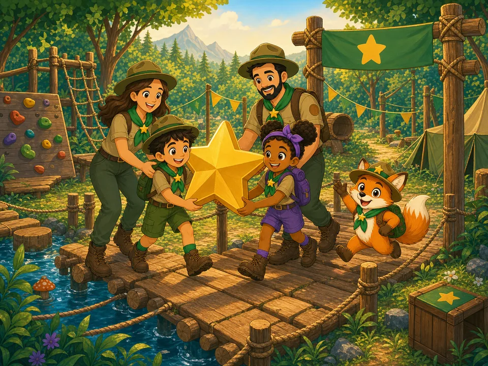 Die ganze Ranger-Familie trägt bei einer gemeinsamen Wald-Challenge einen großen goldenen Stern ins Ziel.