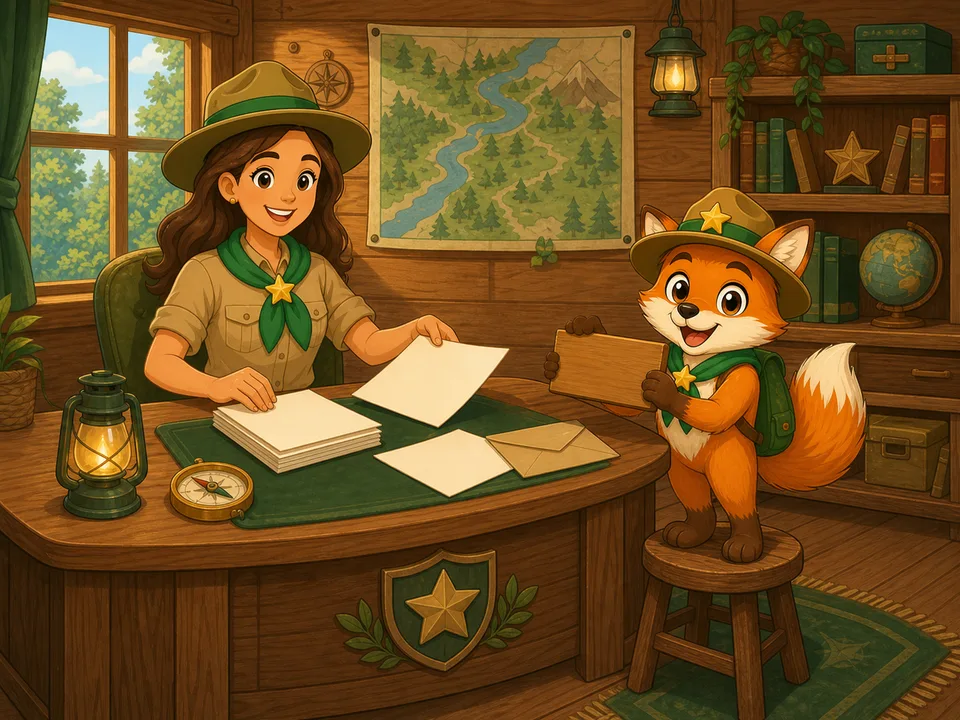 Die Eltern-Rangerin ordnet Unterlagen in der Ranger-Zentrale, während Finn ein leeres Holzschild bereithält.