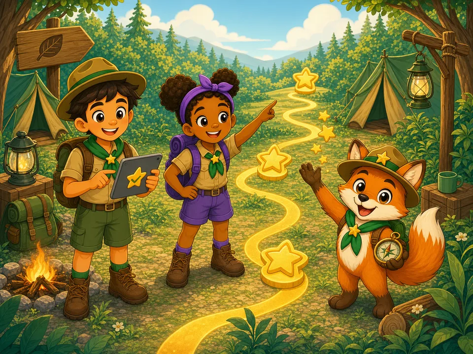Zwei Junior-Ranger und Finn folgen einem goldenen Missionspfad im Waldcamp.