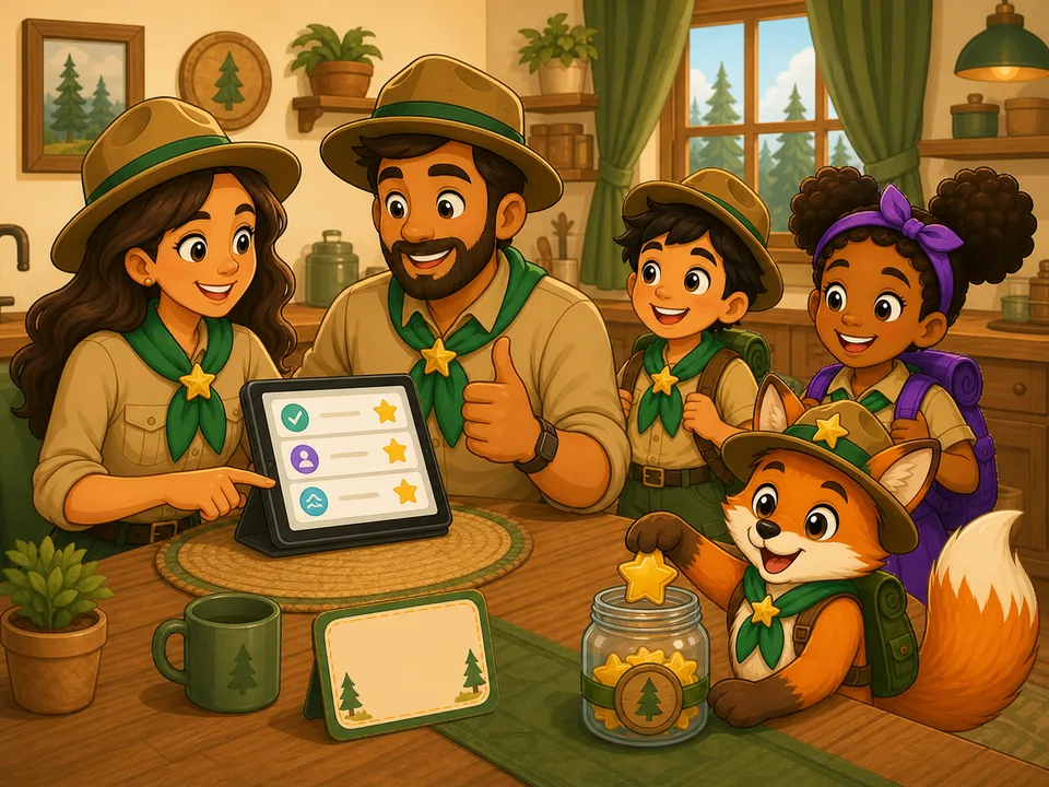 Zwei Eltern-Ranger genehmigen Aufgaben am Tablet, während die Kinder und Finn auf Sterne warten.