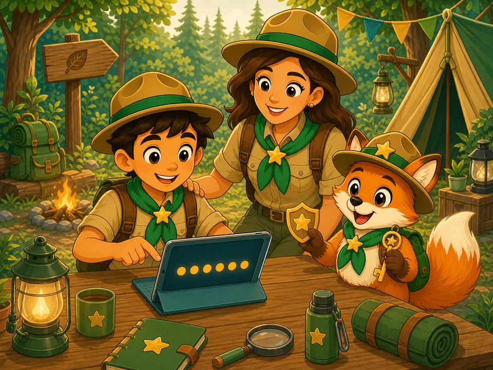 Ein Junior-Ranger gibt seinen geheimen Code am Tablet ein, während ein Eltern-Ranger und Finn Sicherheit geben.