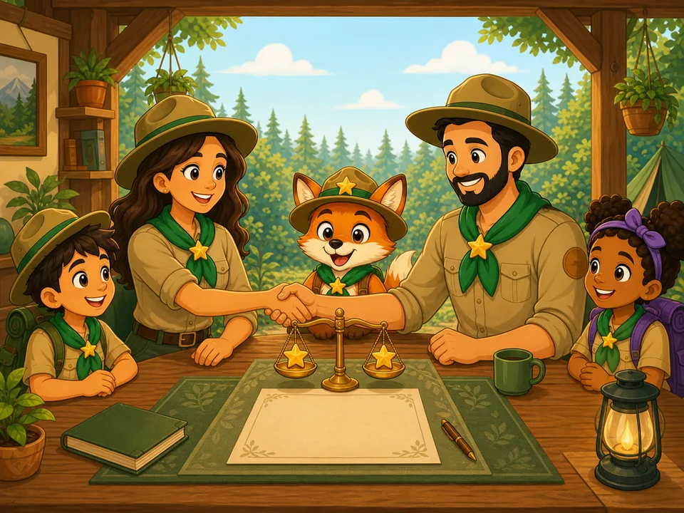Zwei Eltern-Ranger einigen sich fair an einem Camp-Tisch, begleitet von Finn und einer ausgeglichenen Sternwaage.