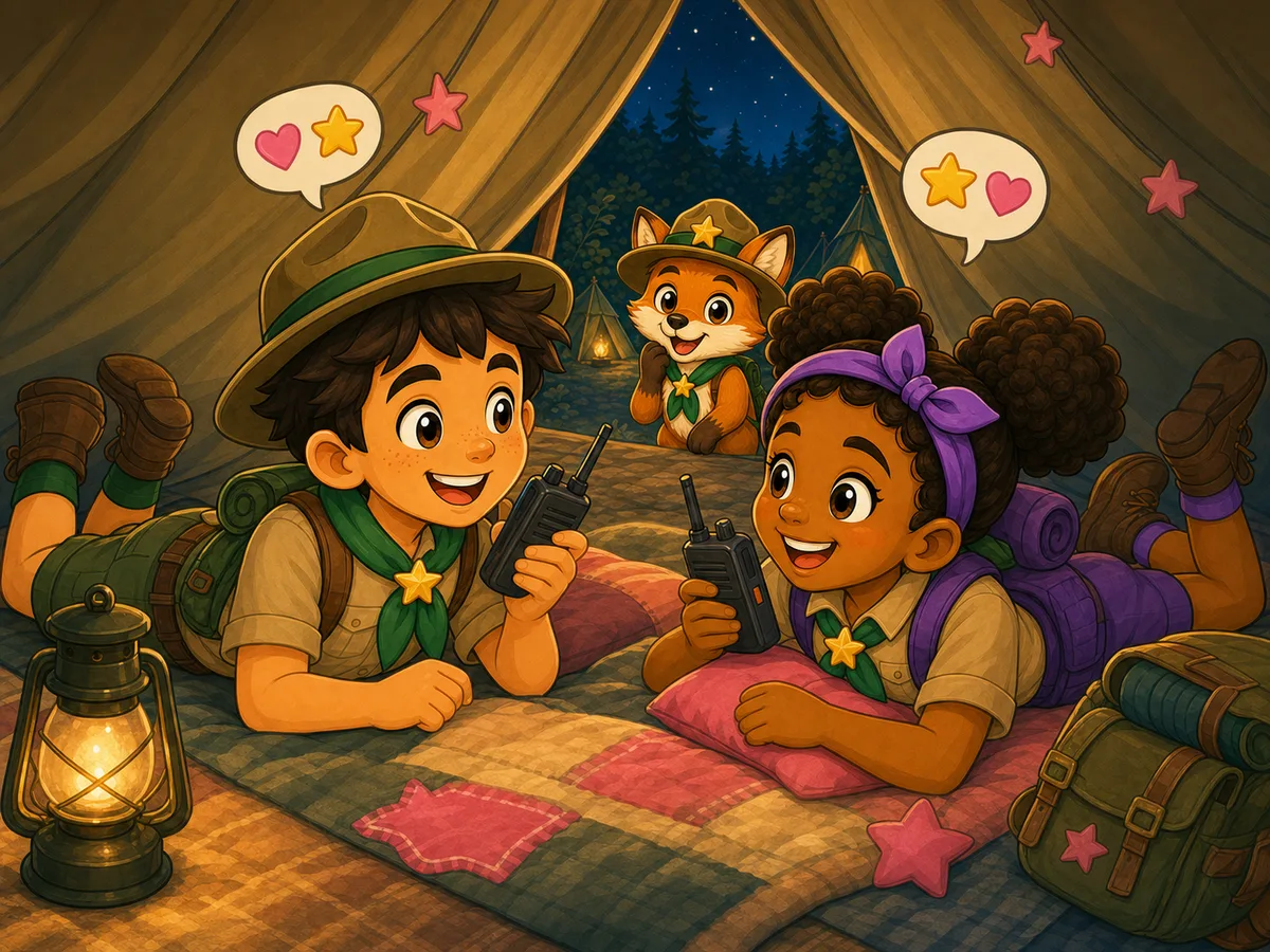 Zwei Geschwister funken abends im Zelt mit Walkie-Talkies, Finn schaut durch den Zelteingang.